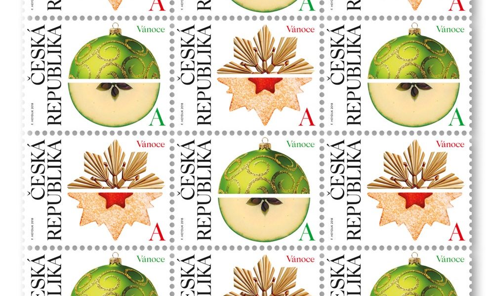 Vánoční poštovní známka se skleněnou ozdobou